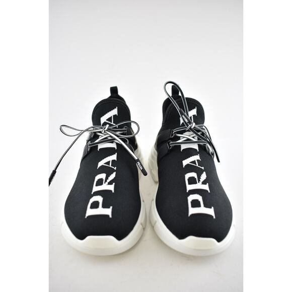 Prada XY Logo Sock Black White Knit Flat Lace Up Tie Pull On Trainer Sneaker 35 - Picture 6 of 12
